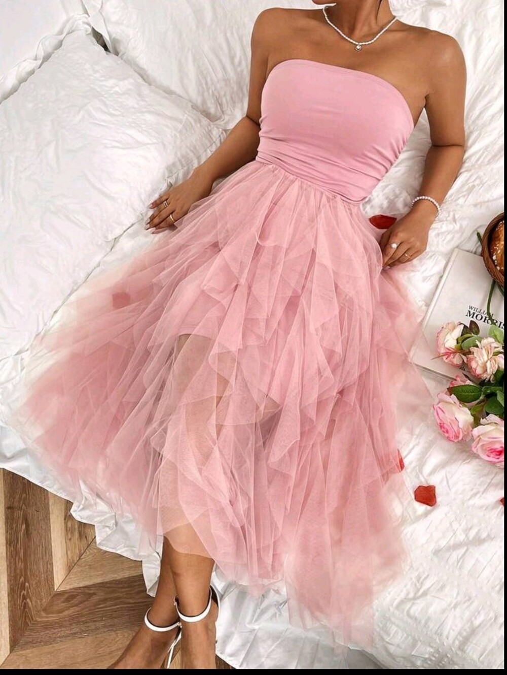 Baby Pink Strapless Mesh Midi Dress For Women Sleeveless Ruched Flared